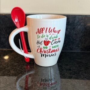 Christmas Coffee Hot Chocolate Mug 11 ounces with Red Spoon NEW